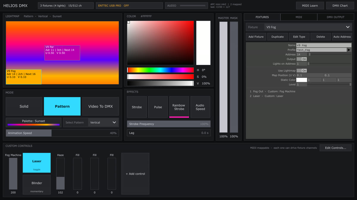 Helios DMX lighting control panel in TouchDesigner with fixture faders and looks