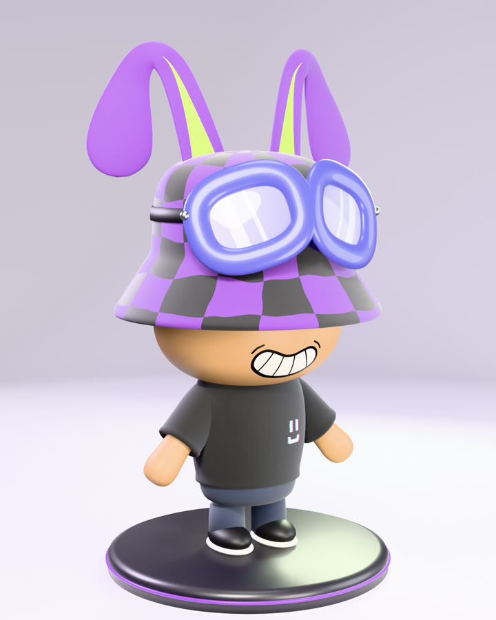 3D chibi character of DJ Just Javi in a checkered bucket hat with bunny ears and goggles, modeled in Blender