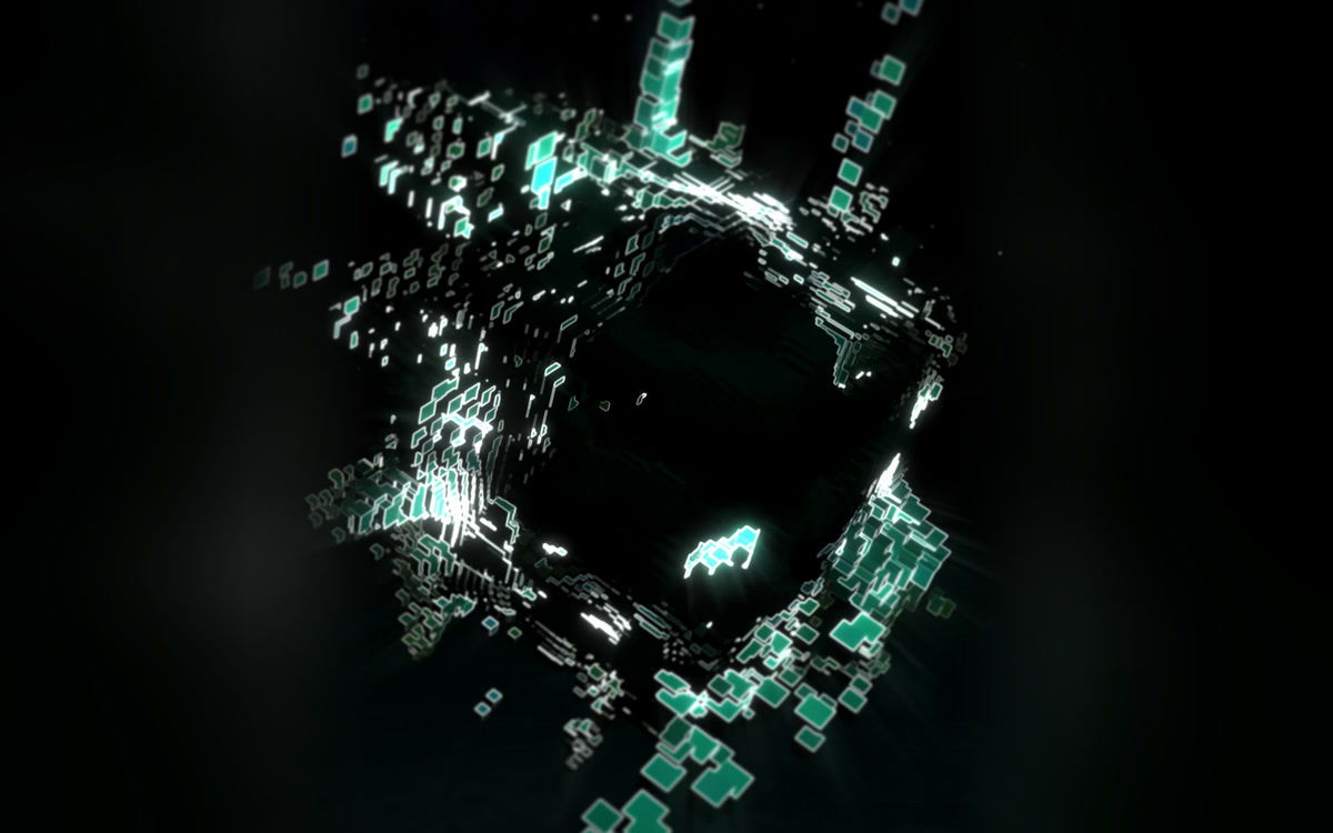 Bass Cube, an original audio-reactive TouchDesigner visual: glowing teal tiles bursting outward from a dark cube